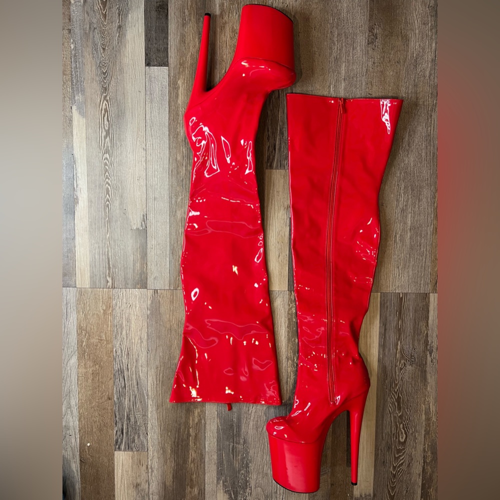 Red thigh high exotic boots